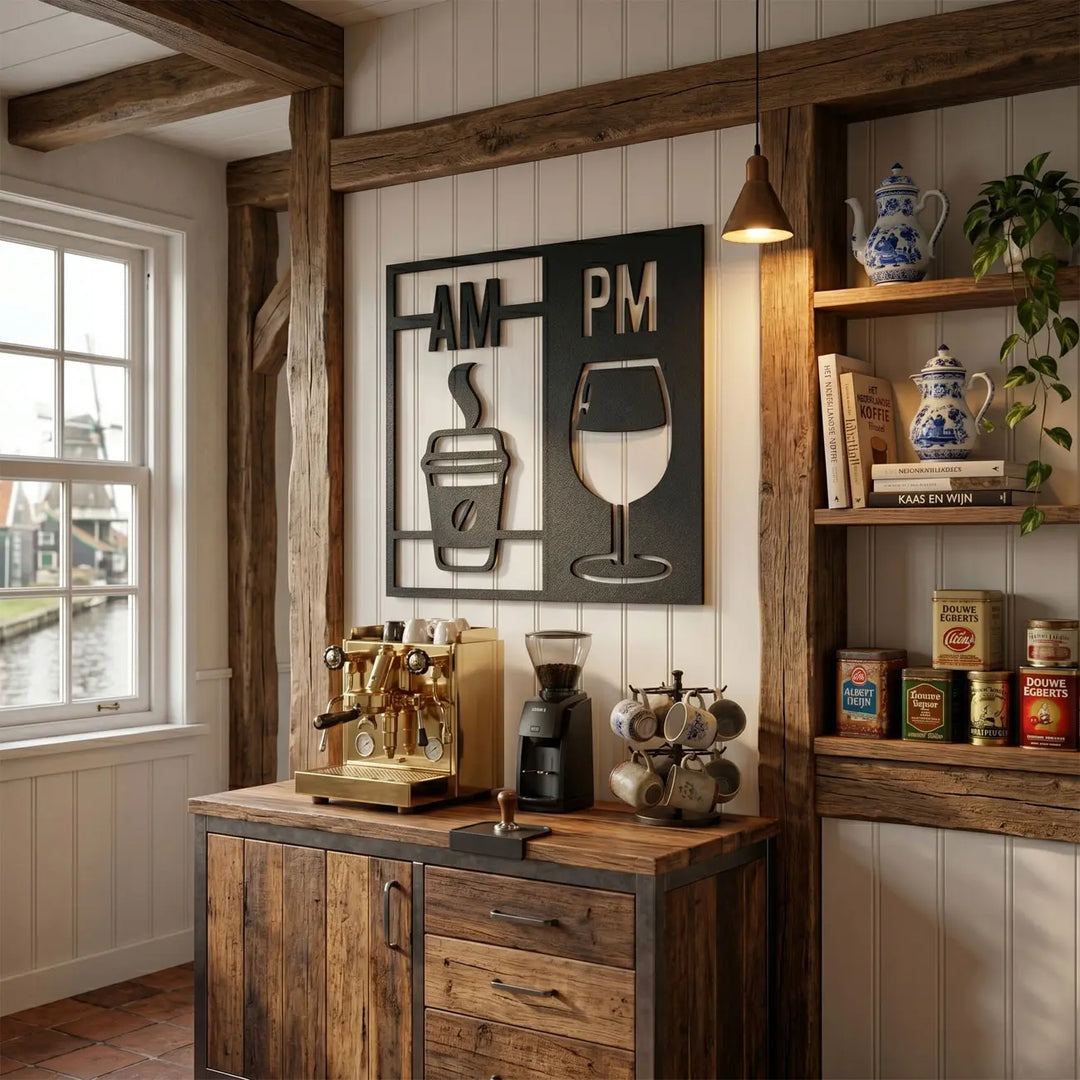 Moderne matzwarte metalen wanddecoratie voor in de keuken. Modern matte black metal wall decor for the kitchen.