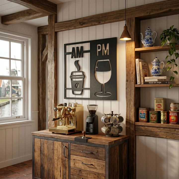 Moderne matzwarte metalen wanddecoratie voor in de keuken. Modern matte black metal wall decor for the kitchen.