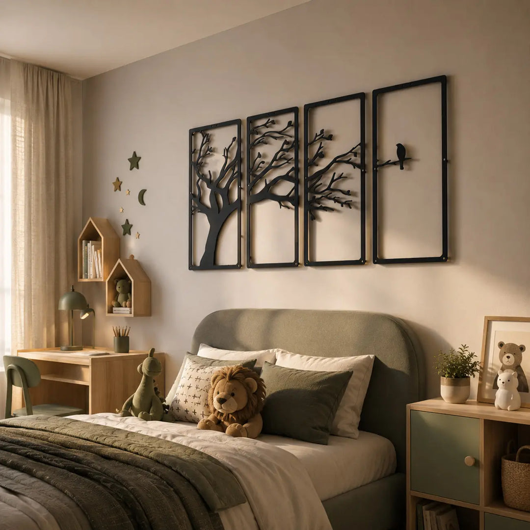 Maak de baby- of kinderkamer compleet met een betoverend bosthema! Deze 4-delige metalen bomen en vogels set is veilig, matzwart en sfeervol.