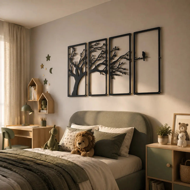 Maak de baby- of kinderkamer compleet met een betoverend bosthema! Deze 4-delige metalen bomen en vogels set is veilig, matzwart en sfeervol.