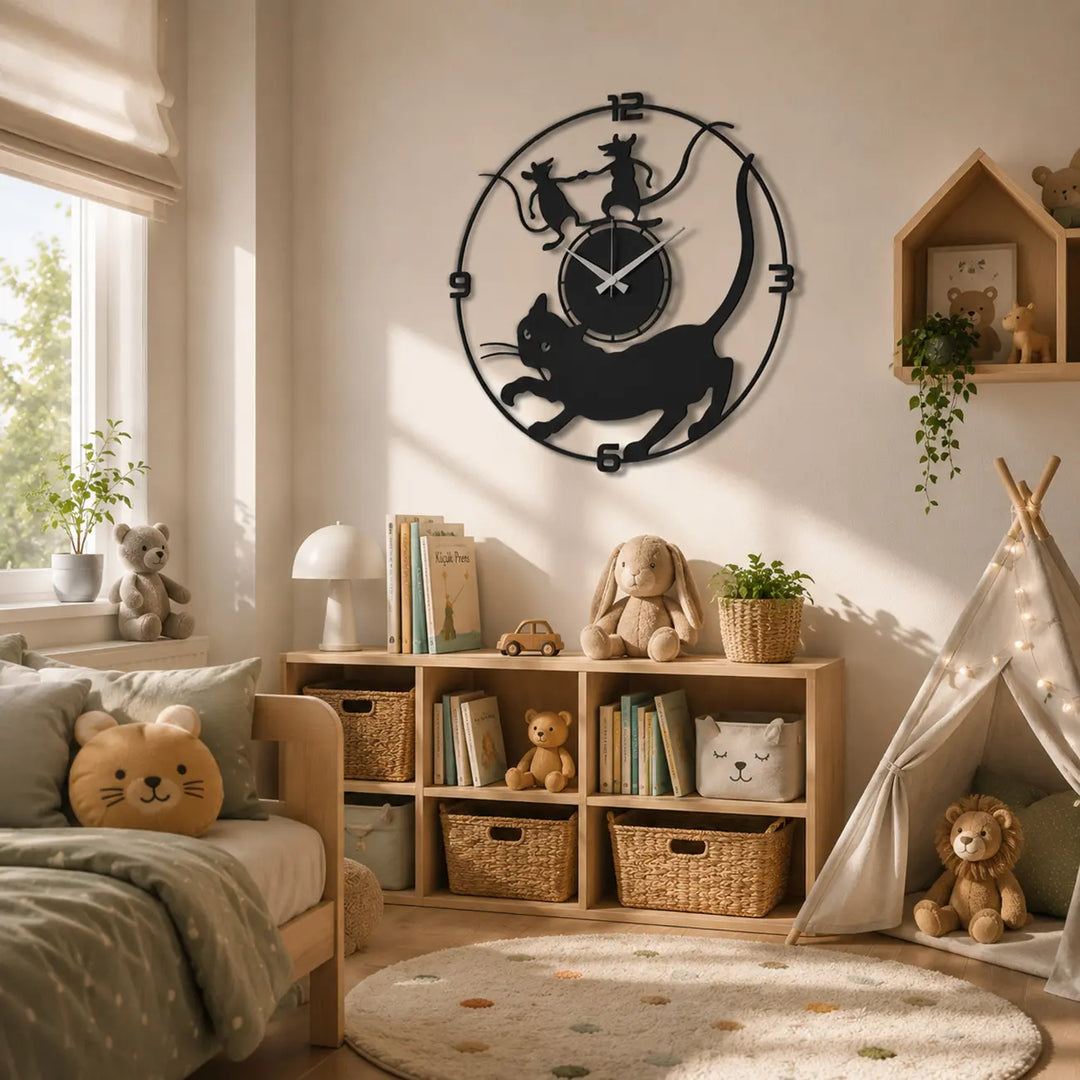 Leuke metalen wandklok met katten en muizen voor de kinderkamer of speelkamer. Tikkingsvrij slapen dankzij het geruisloze uurwerk.
