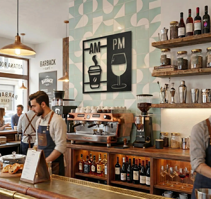 Creatieve wanddecoratie voor een modern cafe, koffiebar of wijnbar interieur. Creative wall decor for a modern cafe, coffee shop, or wine bar interior.