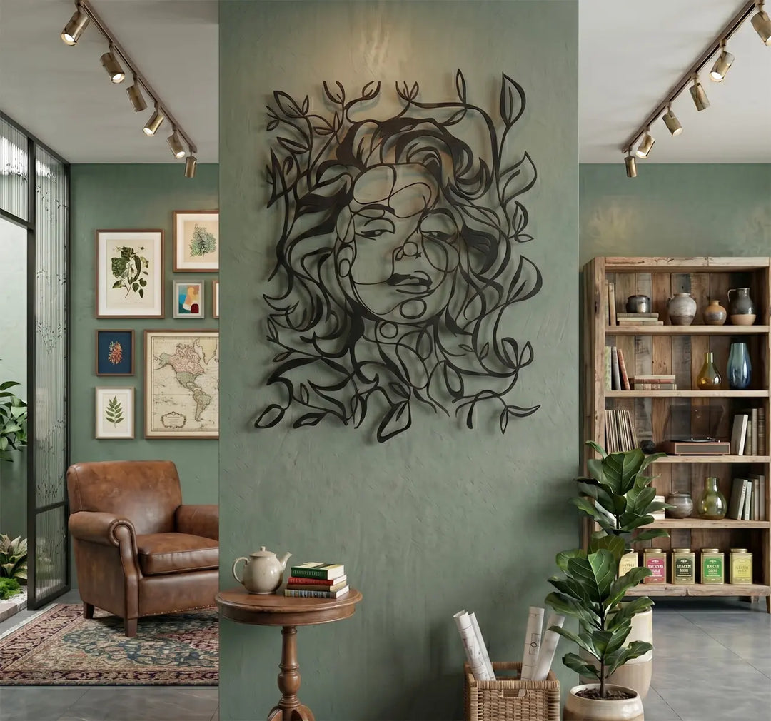 Minimalist abstract face metal art adding a touch of serene nature to your resting space.