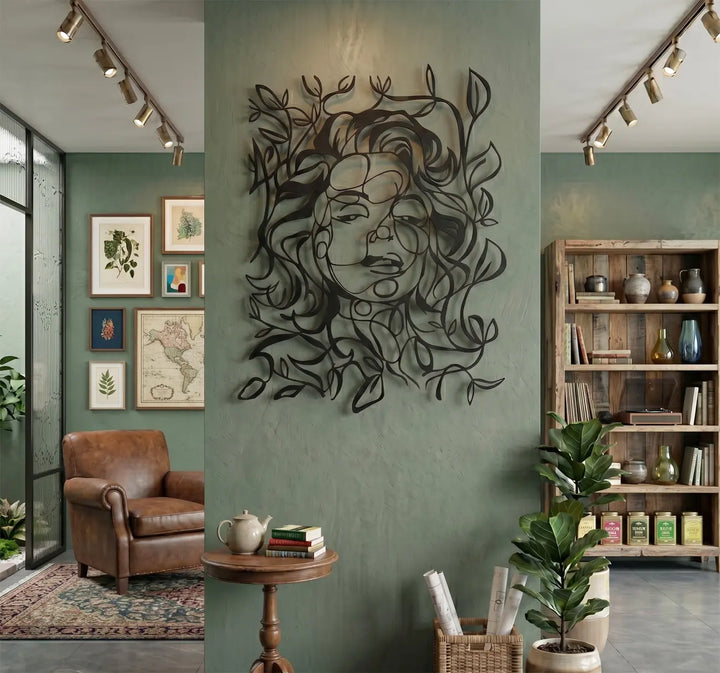 Minimalist abstract face metal art adding a touch of serene nature to your resting space.