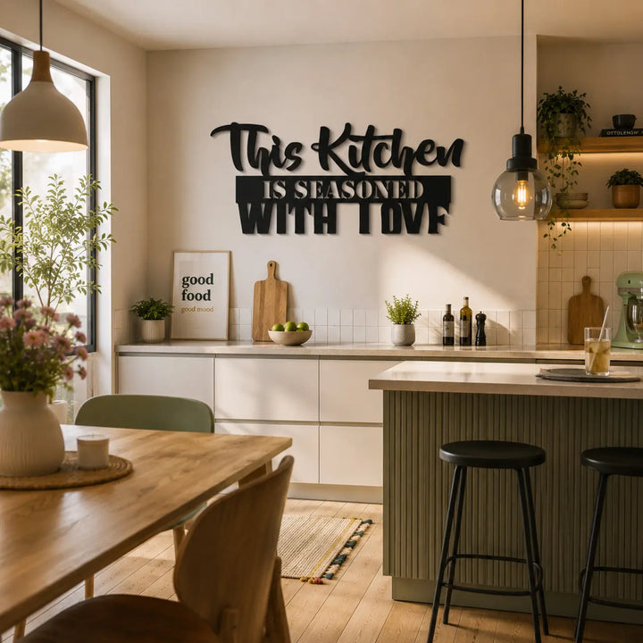 Zwarte metalen muurtekst over koken en liefde. Een sfeervolle en perfecte toevoeging voor een warme, landelijke keuken of boerderij interieur.