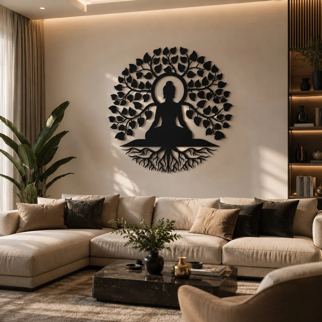 Zwarte metalen wanddecoratie van een levensboom met Boeddha, stijlvol opgehangen boven een bank in een moderne woonkamer.