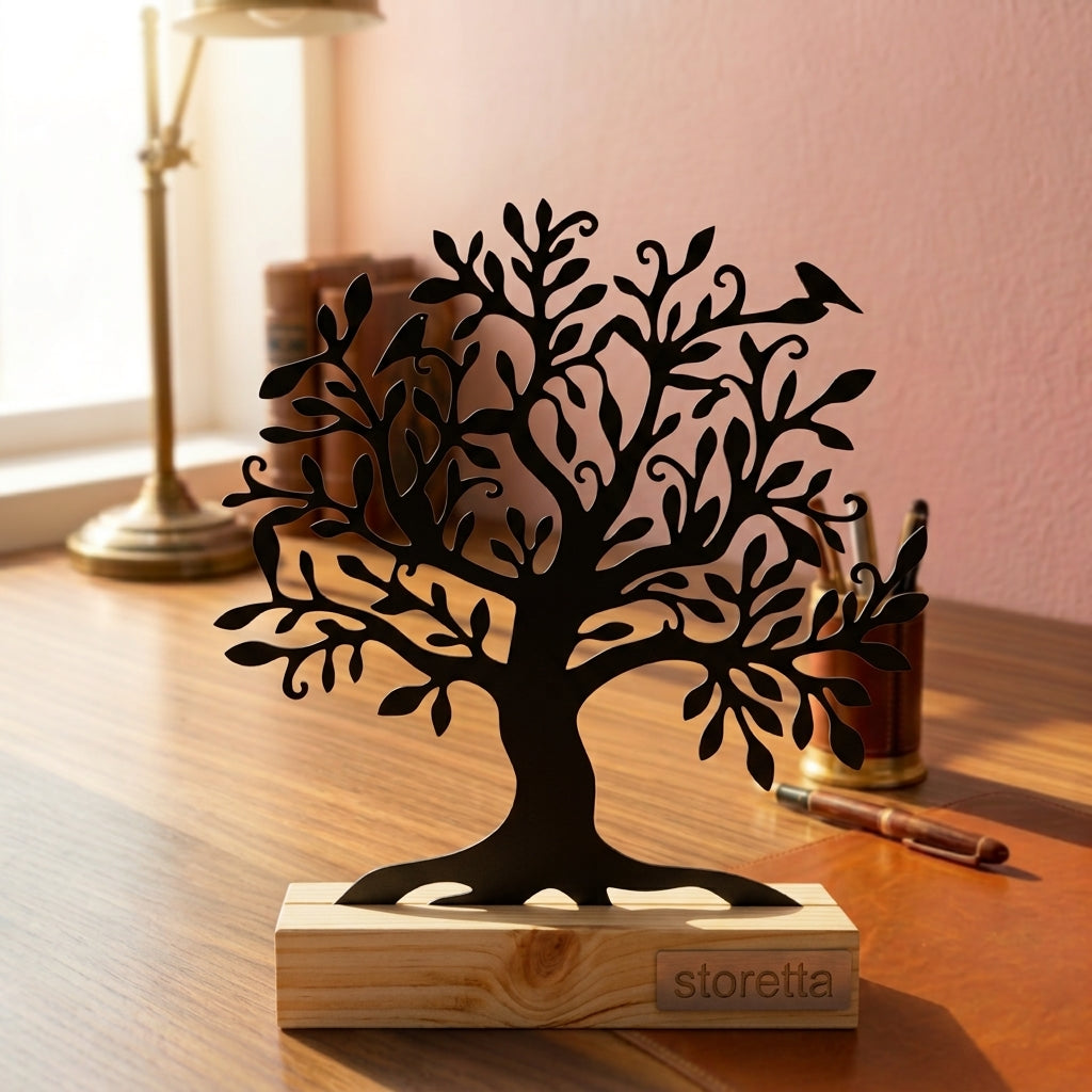 De Levensboom met vogels - Zwart metalen ornament op houten voet als luxe bureaudecoratie.