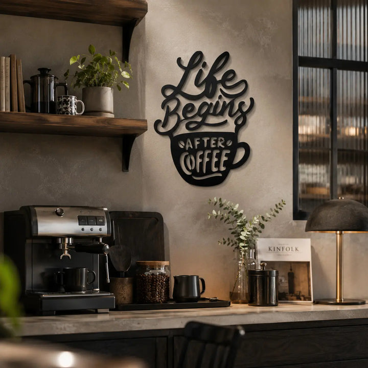 Zwarte metalen wanddecoratie met de tekst 'Life After Coffee' aan de muur in een moderne keuken.