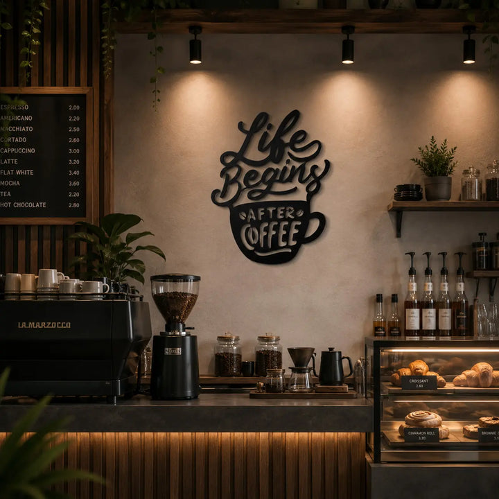 Sfeervolle metalen wanddecoratie 'Life After Coffee' aan de muur achter de bar in een modern café of koffiezaak.