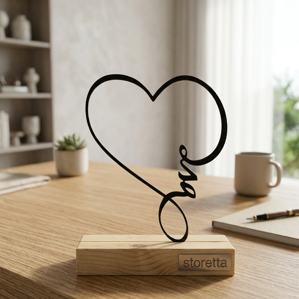 Liefdeshart beeldje op sokkel met elegante typografie, een intiem accent voor dressoir, kaptafel of vensterbank