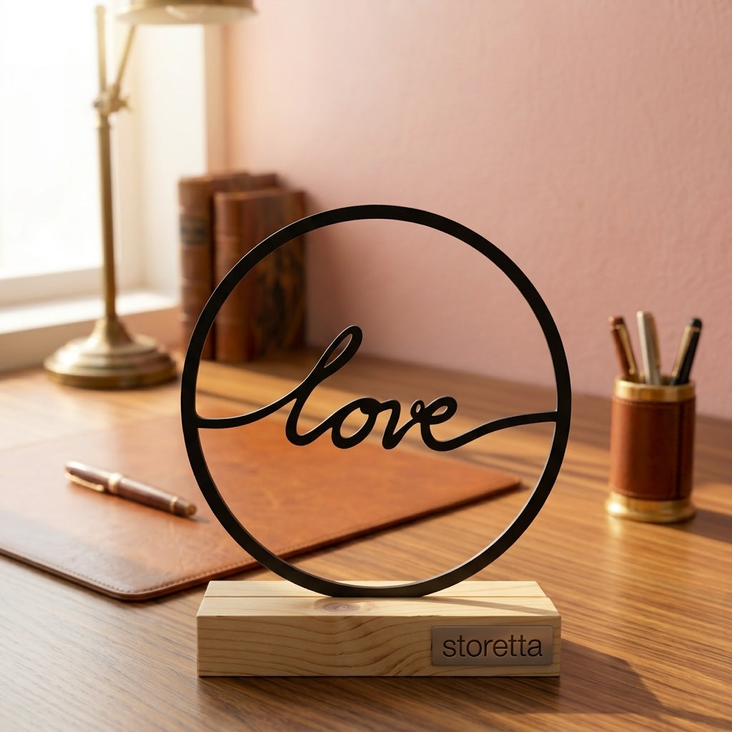 Love in Cirkel - Zwart metalen ornament op massief houten voet als stijlvolle bureaudecoratie