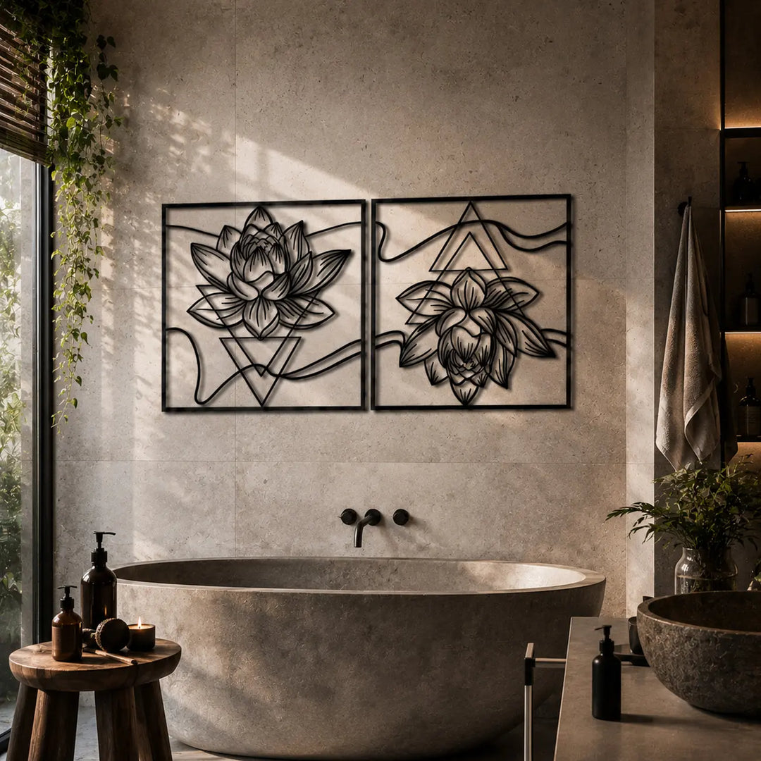 Geometrische lotusbloem metalen wanddecoratie. Transformeer uw badkamer in een luxe thuis-spa met deze rustgevende muurkunst.