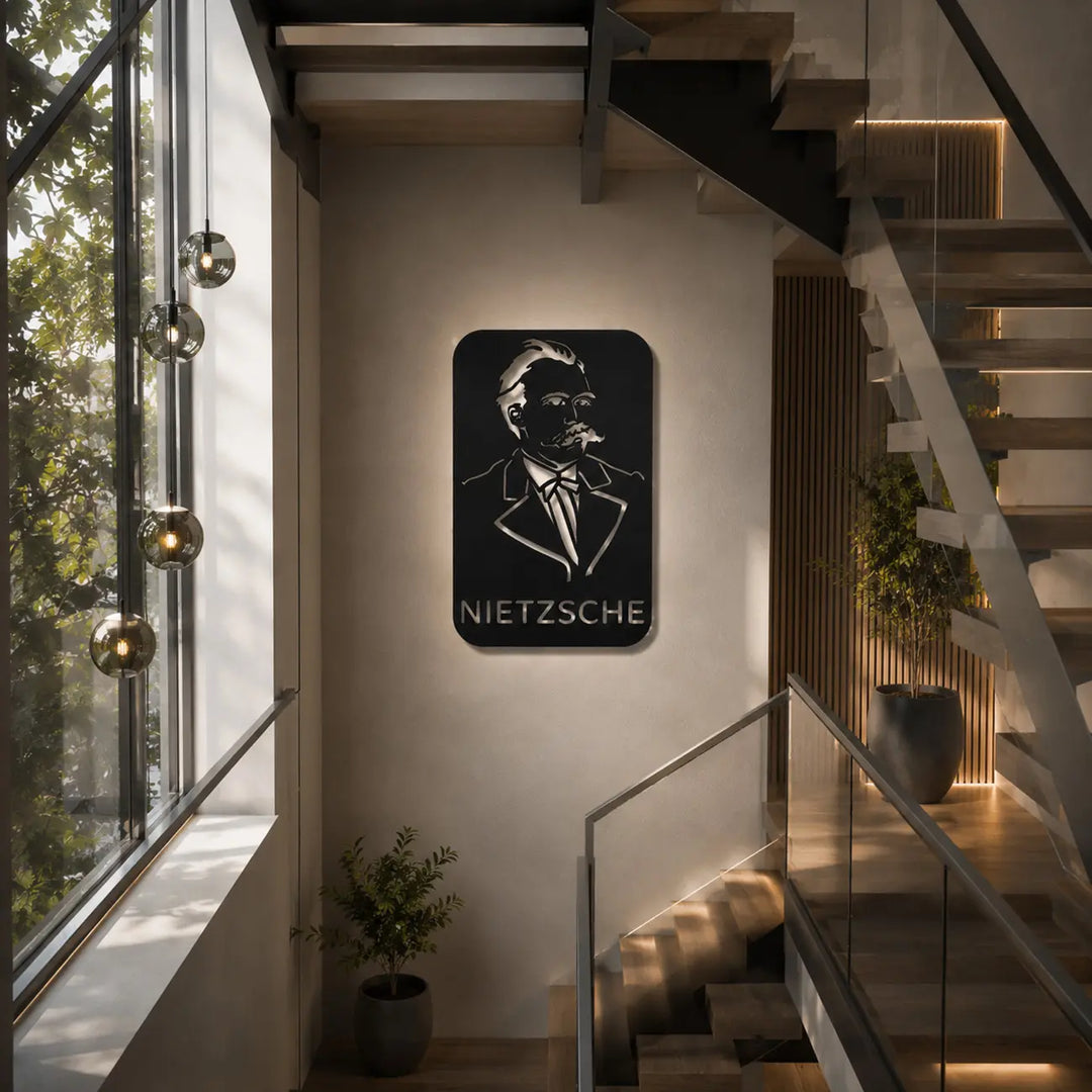 Indrukwekkende Friedrich Nietzsche metalen wanddecoratie in het trappenhuis van een luxe villa voor een artistieke sfeer. Impressive Friedrich Nietzsche metal wall decor in the staircase of a luxury villa for an artistic atmosphere.