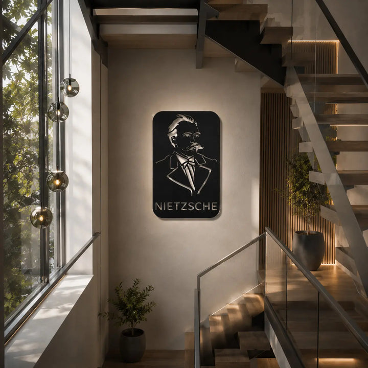 Indrukwekkende Friedrich Nietzsche metalen wanddecoratie in het trappenhuis van een luxe villa voor een artistieke sfeer. Impressive Friedrich Nietzsche metal wall decor in the staircase of a luxury villa for an artistic atmosphere.
