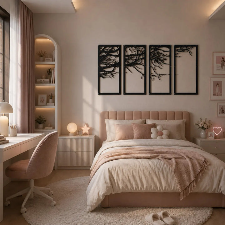 Upgrade de tienerkamer met een esthetische en volwassen look. De 4 metalen winterse boomtakken passen perfect in een trendy en sfeervolle meidenkamer!