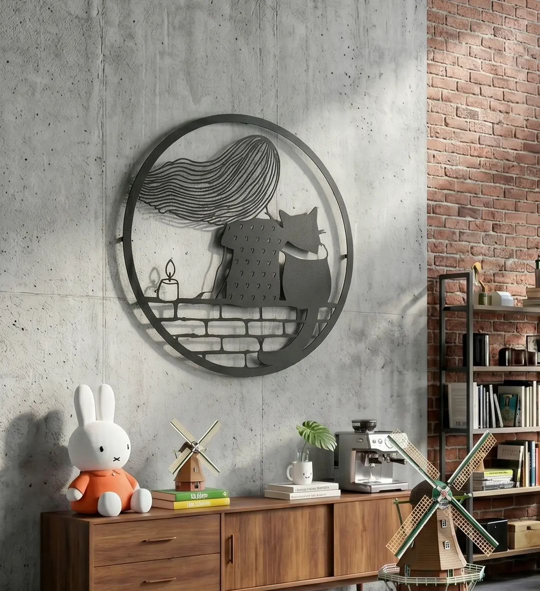 Unieke ronde metalen wanddecoratie van een meisje met haar kat. Een betekenisvolle en warme sfeermaker voor in de woonkamer.