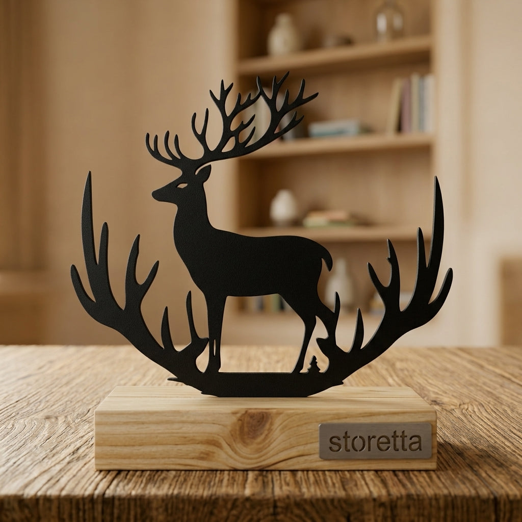 Metalen Edelhert sculptuur in gewei op geüpcycled massief hout met teakolie, een stijlvol natuurcadeau.