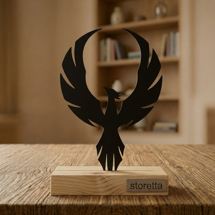 Metalen Feniks sculptuur op geüpcycled massief hout met teakolie, het ultieme geschenk voor een nieuw begin