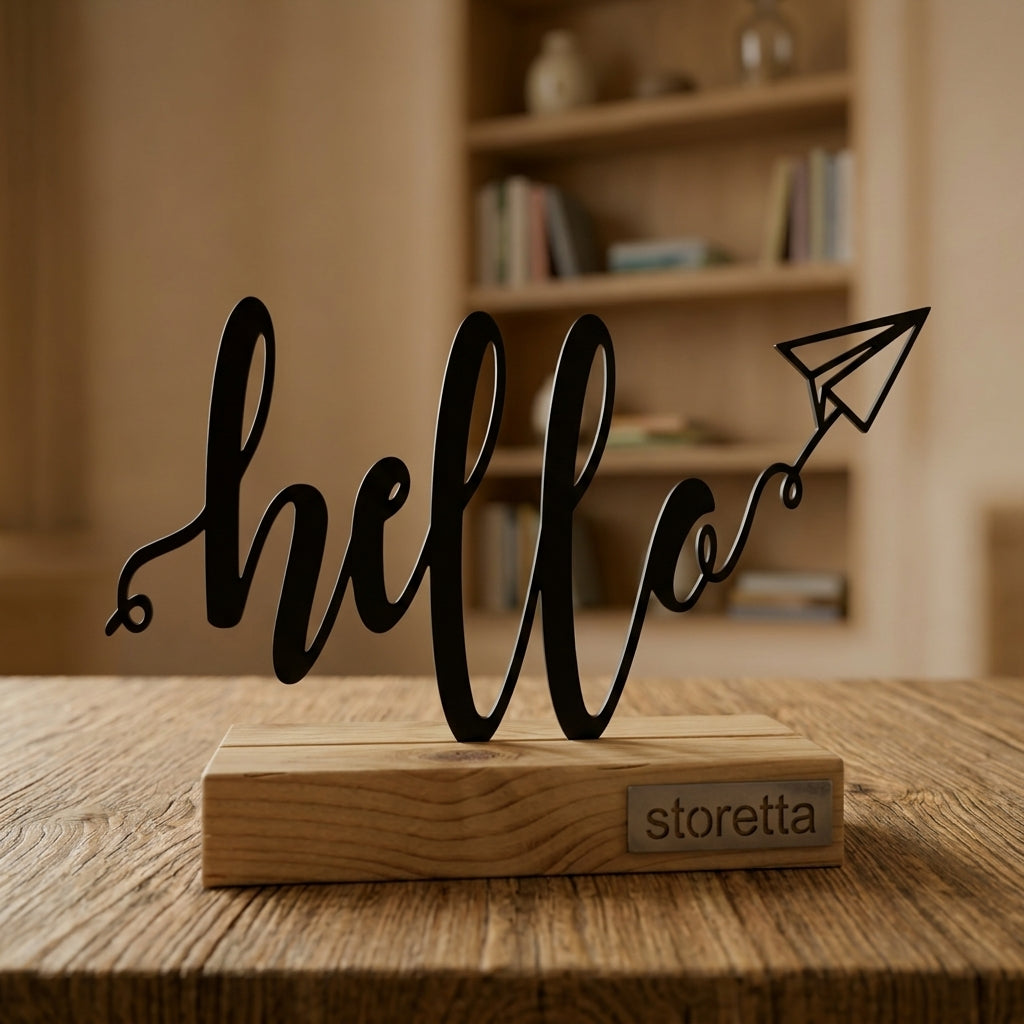 Metalen Hello sculptuur op geüpcycled massief hout met teakolie, een hartverwarmend housewarming cadeau.   