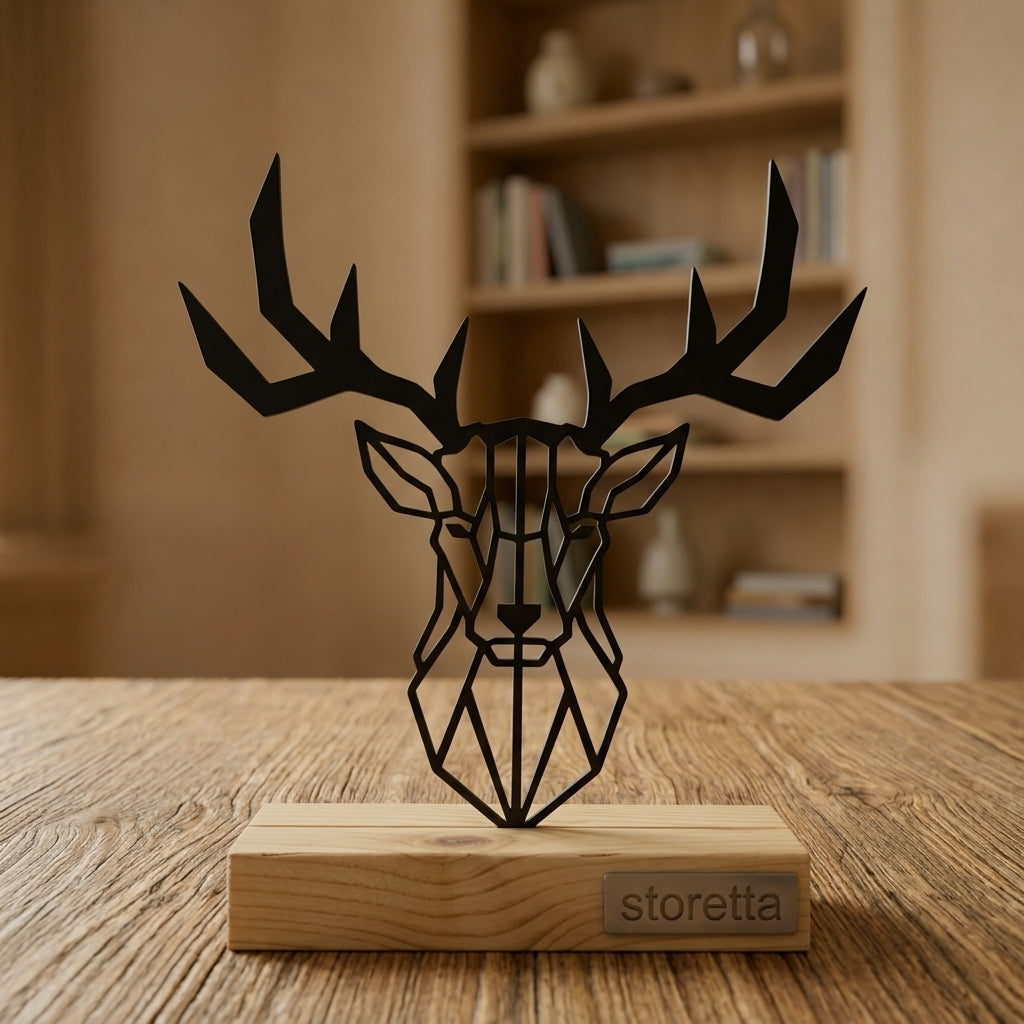 Metalen geometrische hertenkop sculptuur op massief hout behandeld met teakolie, een stijlvol designcadeau.