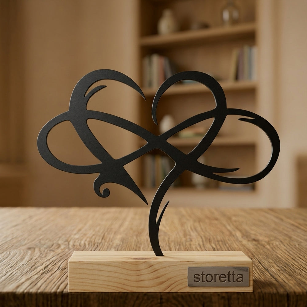 Metalen infinity hart sculptuur op geüpcycled massief hout behandeld met teakolie, een stijlvol huwelijkscadeau.