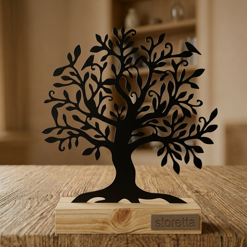 Metalen levensboom sculptuur op hout, het ultieme symbolische cadeau voor huwelijk of jubileum