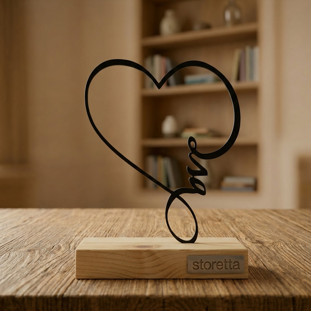Metalen liefdeshart sculptuur met Love lijnkunst op geüpcycled massief hout met teakolie, een stijlvol huwelijkscadeau