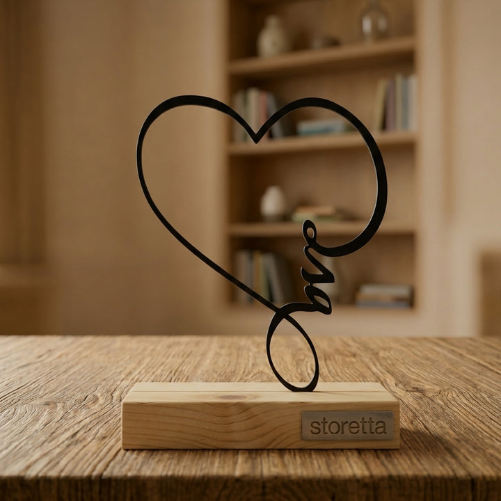 Metalen liefdeshart sculptuur met Love lijnkunst op geüpcycled massief hout met teakolie, een stijlvol huwelijkscadeau