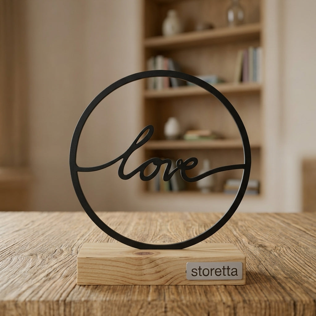 Metalen Love sculptuur in cirkel op geüpcycled massief hout met teakolie, een romantisch huwelijkscadeau.