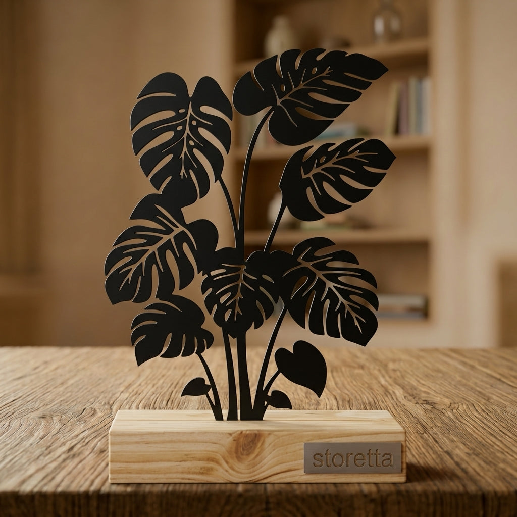 Metalen Monstera sculptuur op geüpcycled massief hout met teakolie, het perfecte cadeau voor plantenliefhebbers.