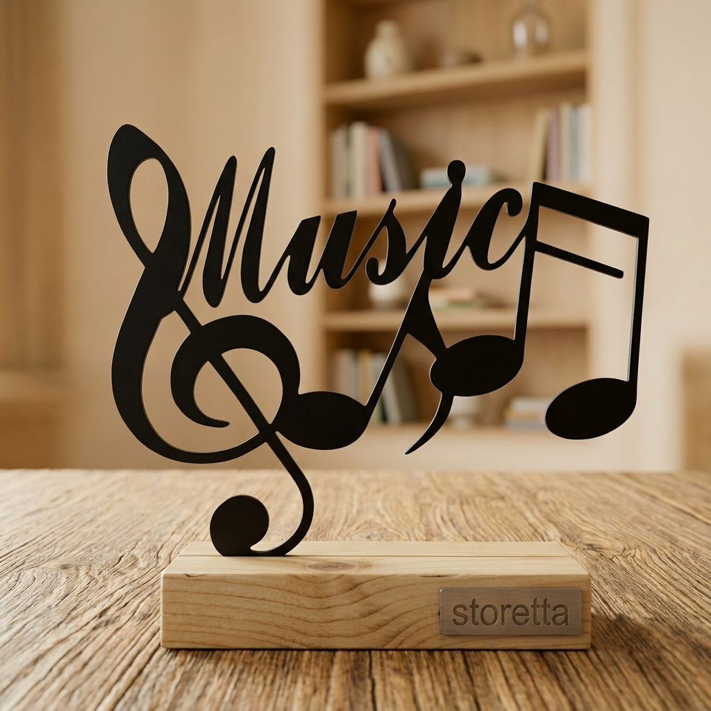 Metalen muziek sculptuur met G-sleutel op geüpcycled massief hout met teakolie, het perfecte cadeau voor muzikanten.