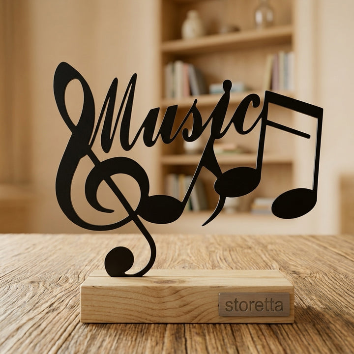 Metalen muziek sculptuur met G-sleutel op geüpcycled massief hout met teakolie, het perfecte cadeau voor muzikanten.