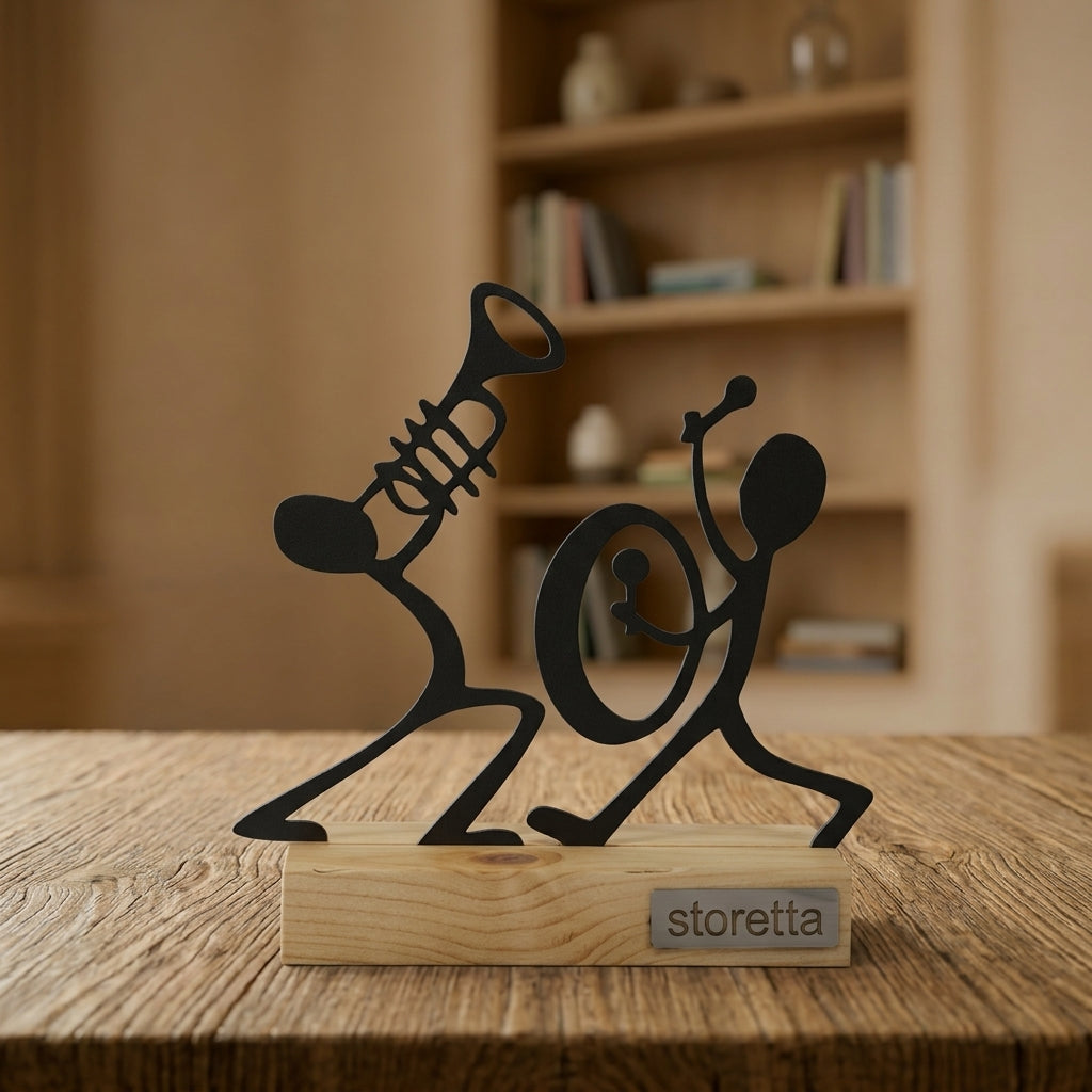 Metalen muzikanten sculptuur op geüpcycled massief hout met teakolie, een swingend cadeau voor muziekliefhebbers