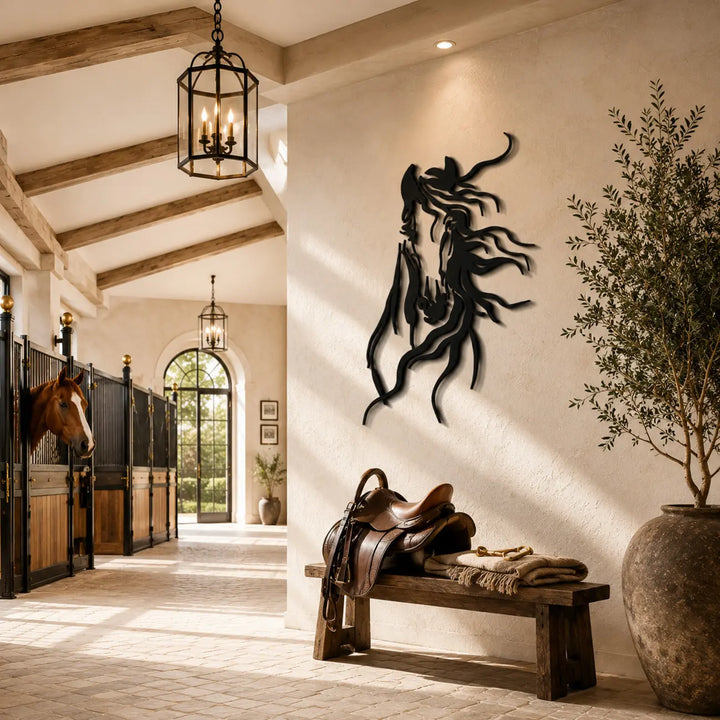 Exclusieve metalen paardenhoofd wanddecoratie. De ultieme muurkunst voor de ontvangstruimte, kantine of het kantoor van een luxe manege en paardenboerderij.
