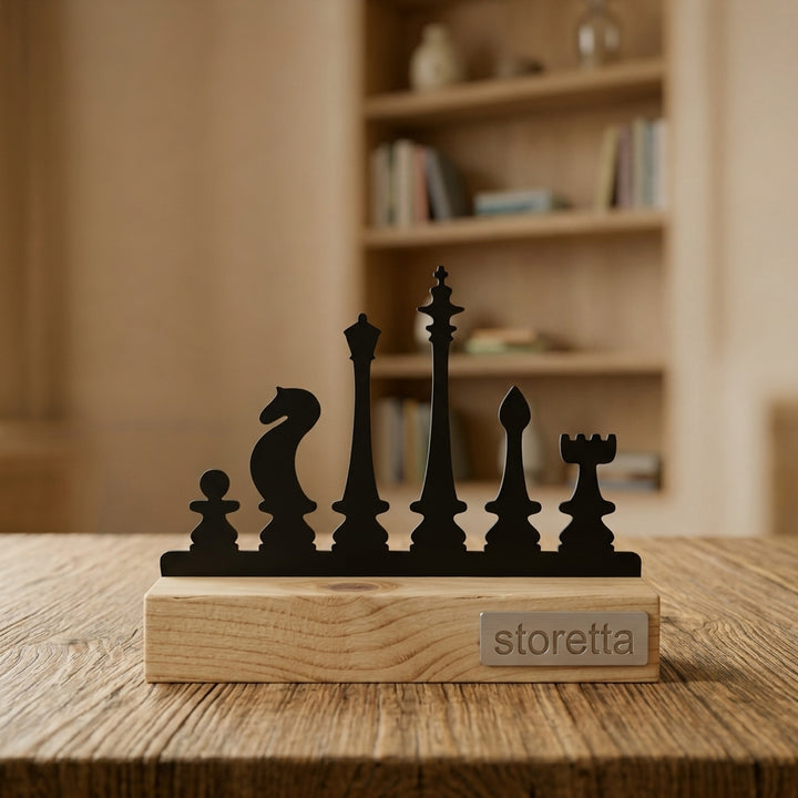 Metalen schaakspel sculptuur op geüpcycled massief hout behandeld met teakolie, een stijlvol strategie cadeau.