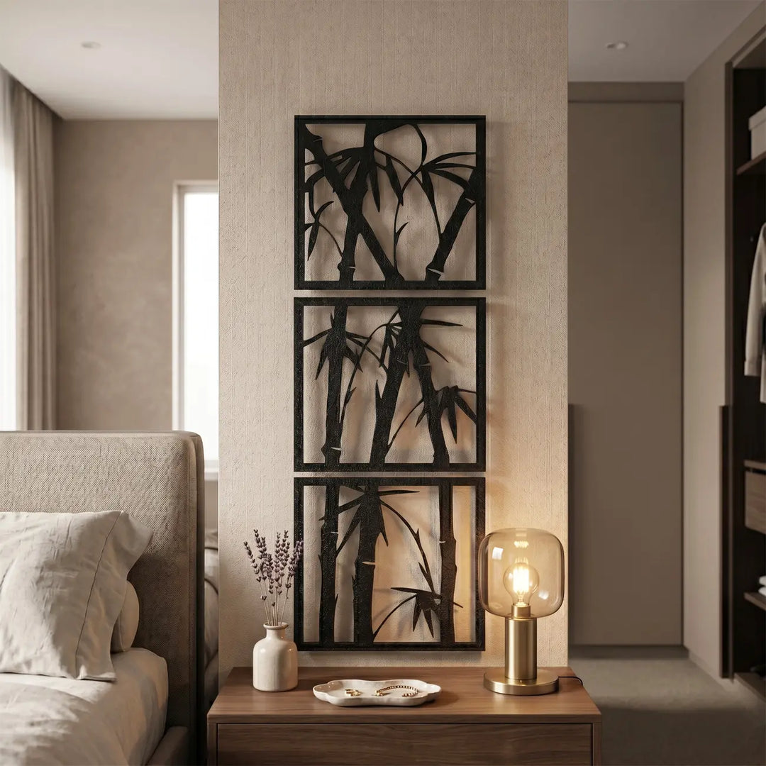 Metalen schilderij slaapkamer zwart spirituele muurkunst bamboe meditatiehoekje
