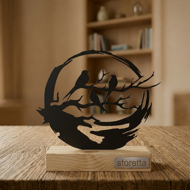 Metalen vogels op een tak sculptuur op geüpcycled massief hout behandeld met teakolie, een warm cadeau voor het interieur.