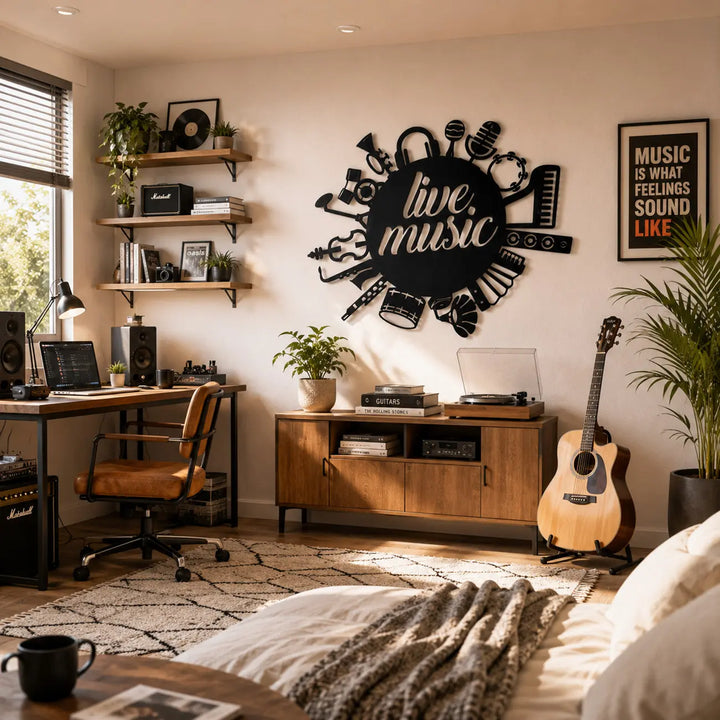 Zwarte metalen wanddecoratie met instrumenten, de perfecte sfeermaker voor een gecombineerde slaapkamer en muzikale hobbyruimte.