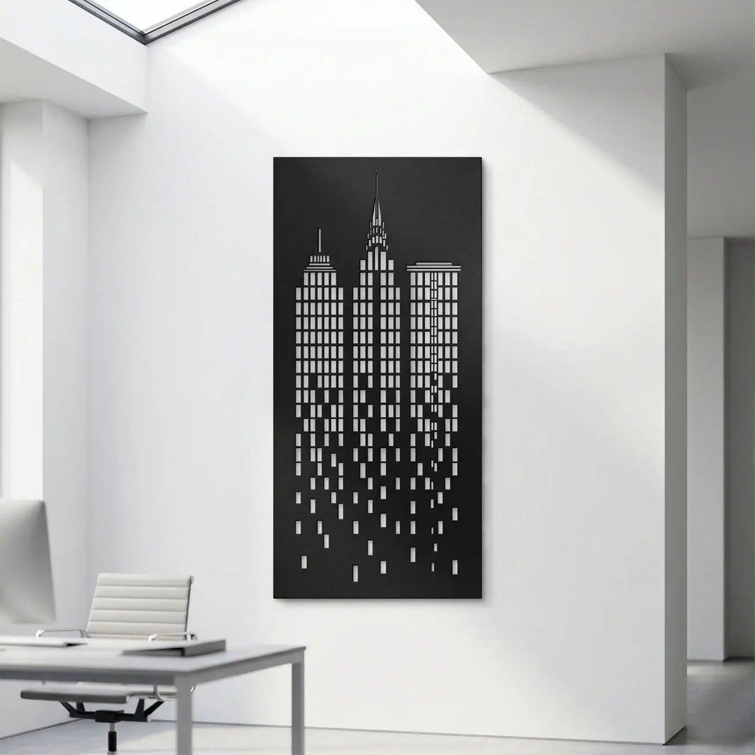 Moderne metalen wanddecoratie 'De Ziel van de Stad' als inspirerende en professionele muurkunst voor in het kantoor.