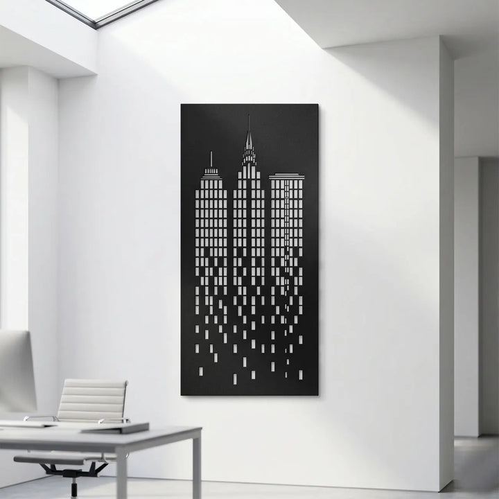 Moderne metalen wanddecoratie 'De Ziel van de Stad' als inspirerende en professionele muurkunst voor in het kantoor.