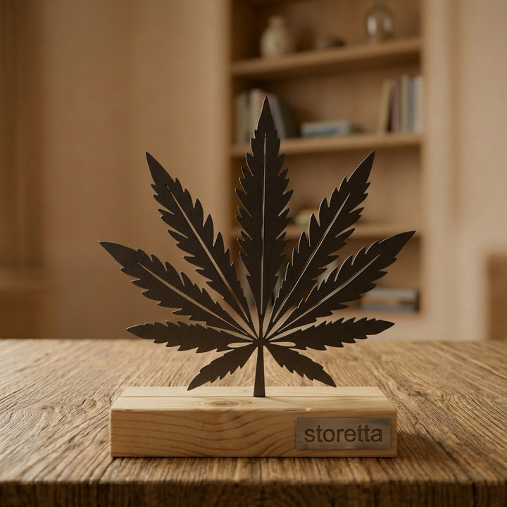 Metalen wietblad sculptuur op massief hout behandeld met teakolie, een uniek en gedurfd designcadeau.