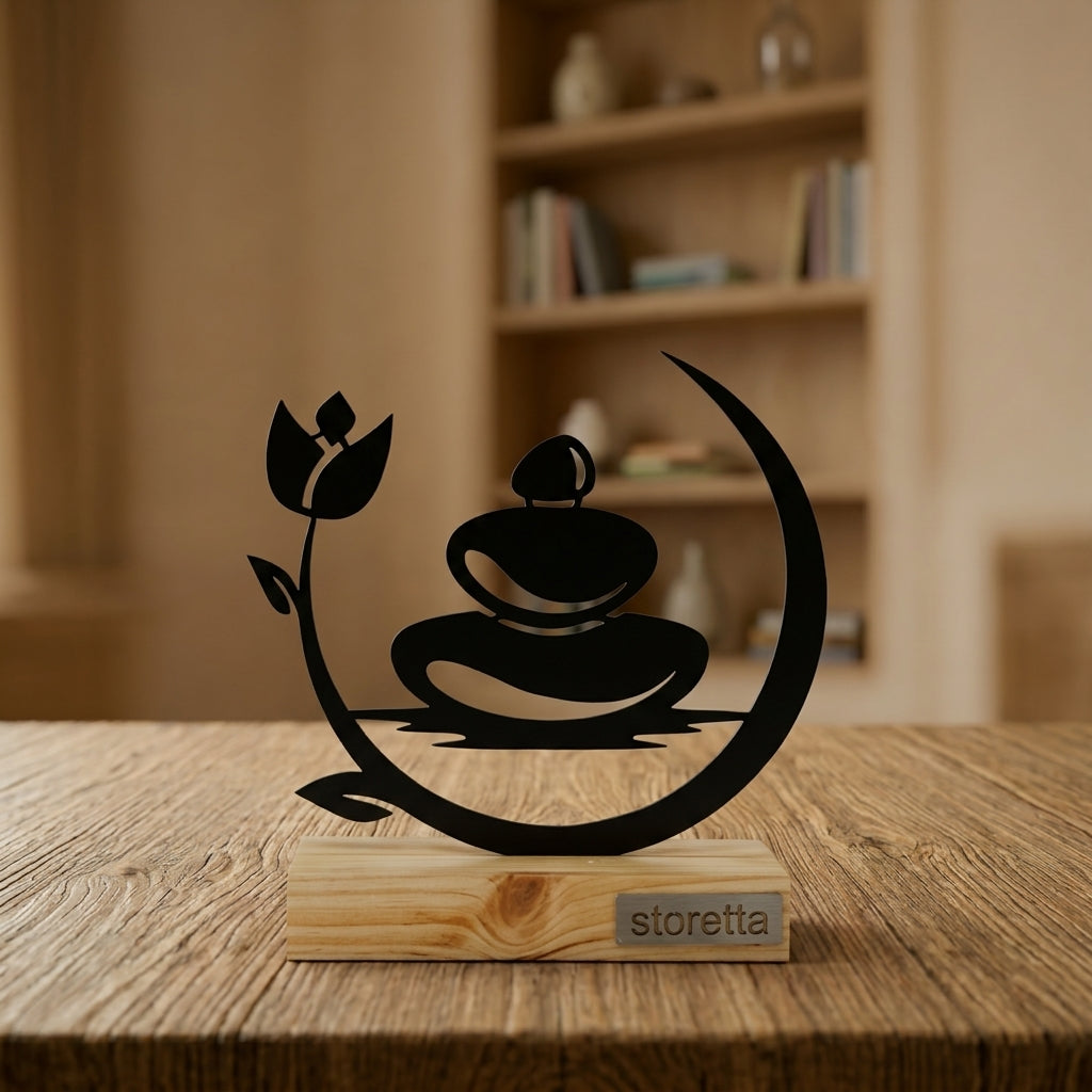 Metalen Zen Balans sculptuur op geüpcycled massief hout behandeld met teakolie, een stijlvol yoga en mindfulness geschenk.