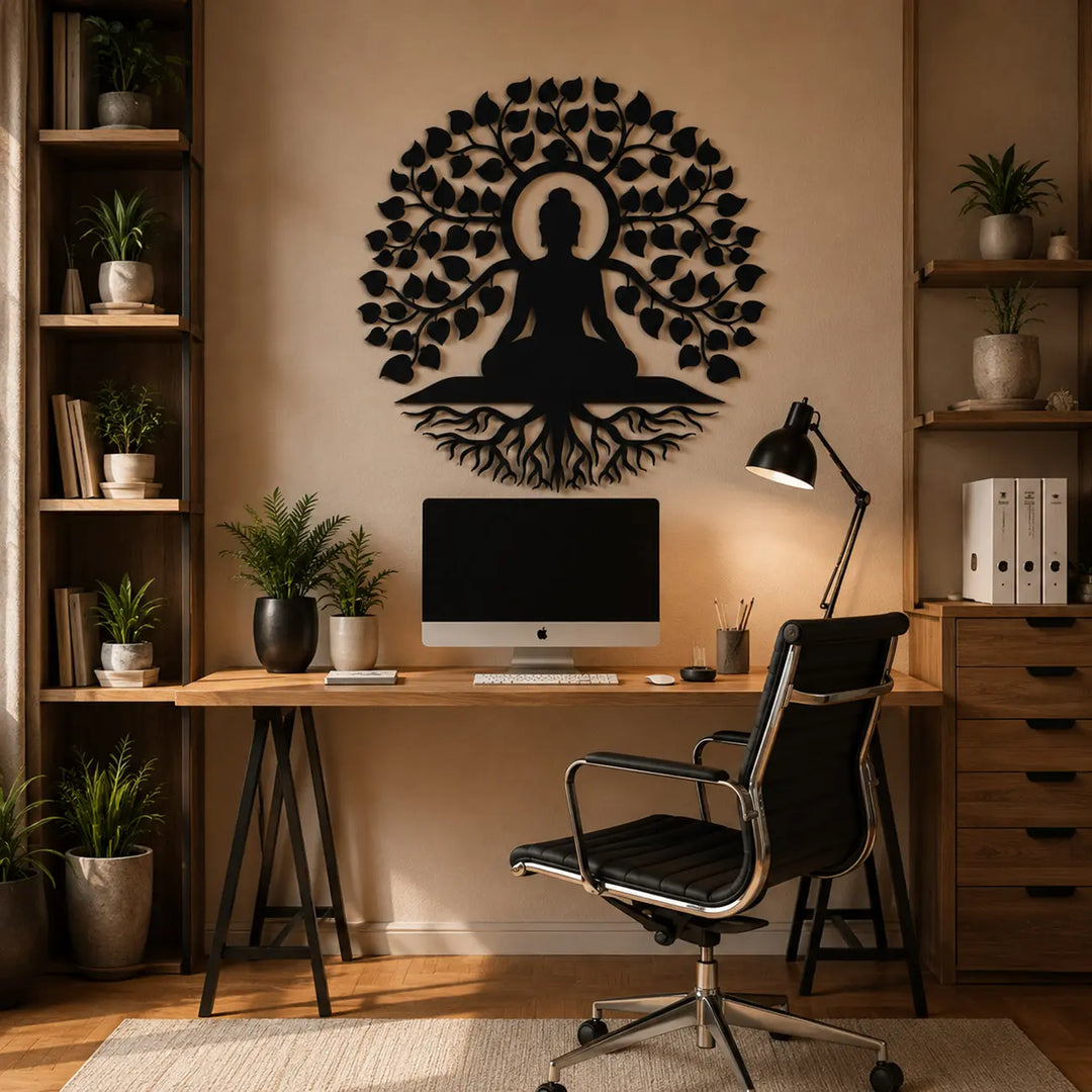Rustgevende Boeddha levensboom wanddecoratie aan de muur van een modern thuiskantoor voor extra focus en mindfulness.