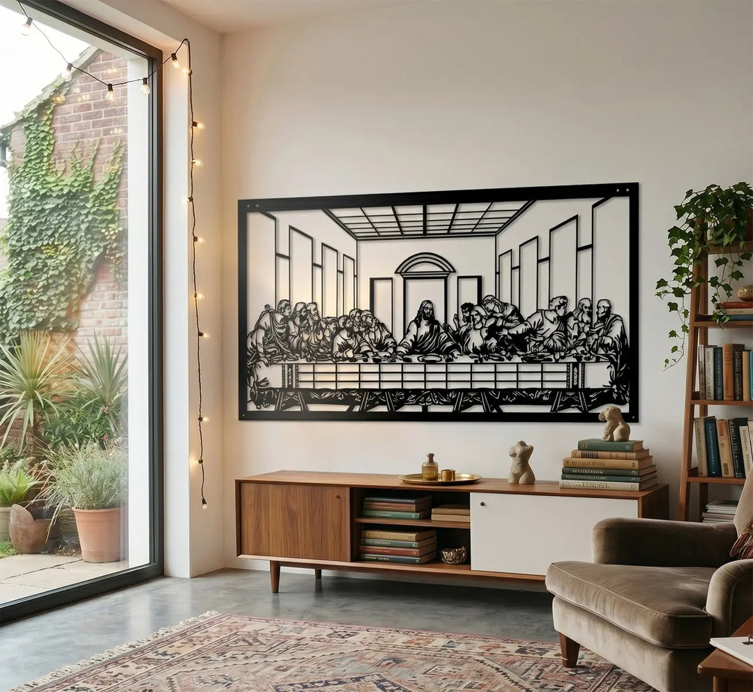 Modern en minimalistisch christelijk interieur. Timeless line art interpretation of The Last Supper, blending profound faith with contemporary interior design.