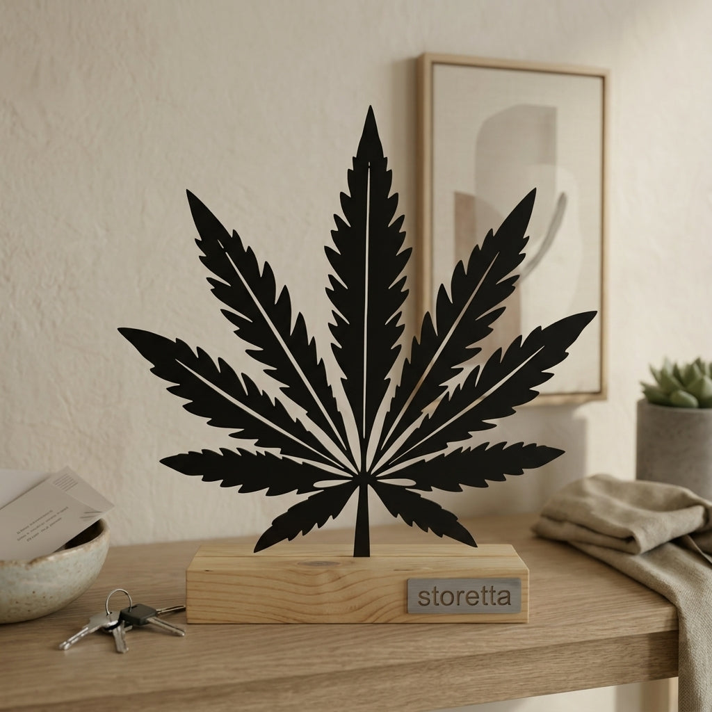 Minimalistisch decoratiebeeld van een hennepblad, passend bij interieurs met zwart staal en hout.