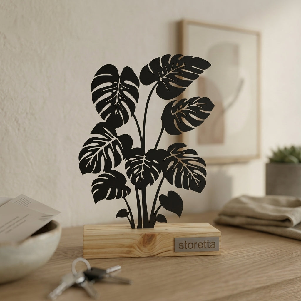 Minimalistisch decoratiebeeld van een Gatenplant, passend bij urban jungle interieurs met mangohout en staal.