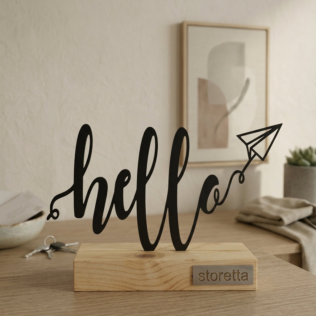Minimalistisch decoratiebeeld met elegante Hello kalligrafie, passend bij interieurs met mangohout en staal.