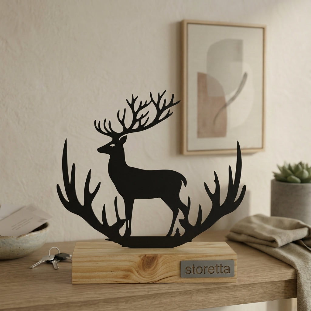 Minimalistisch decoratiebeeld van een staand hert omringd door gewei, passend bij interieurs met mangohout en staal.