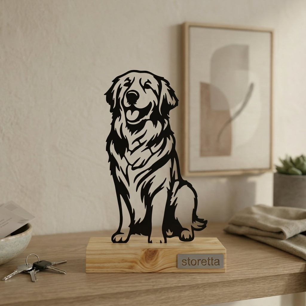 Minimalistisch decoratiebeeld van een retriever, passend bij interieurs met mangohout en zwart staal.