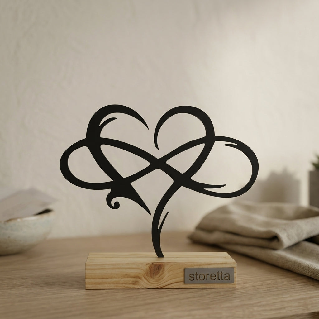 Minimalistisch decoratiebeeld van een eeuwigheidshart, passend bij interieurs met mangohout en zwart staal.